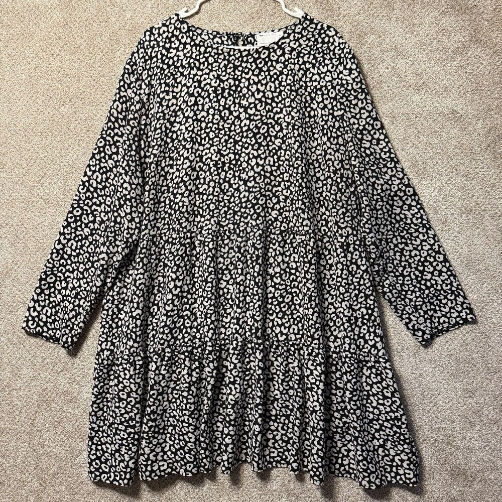 ASOS DESIGN Curve Tiered Smock Mini Dress Mono Animal Print US 20 Long Sleeve